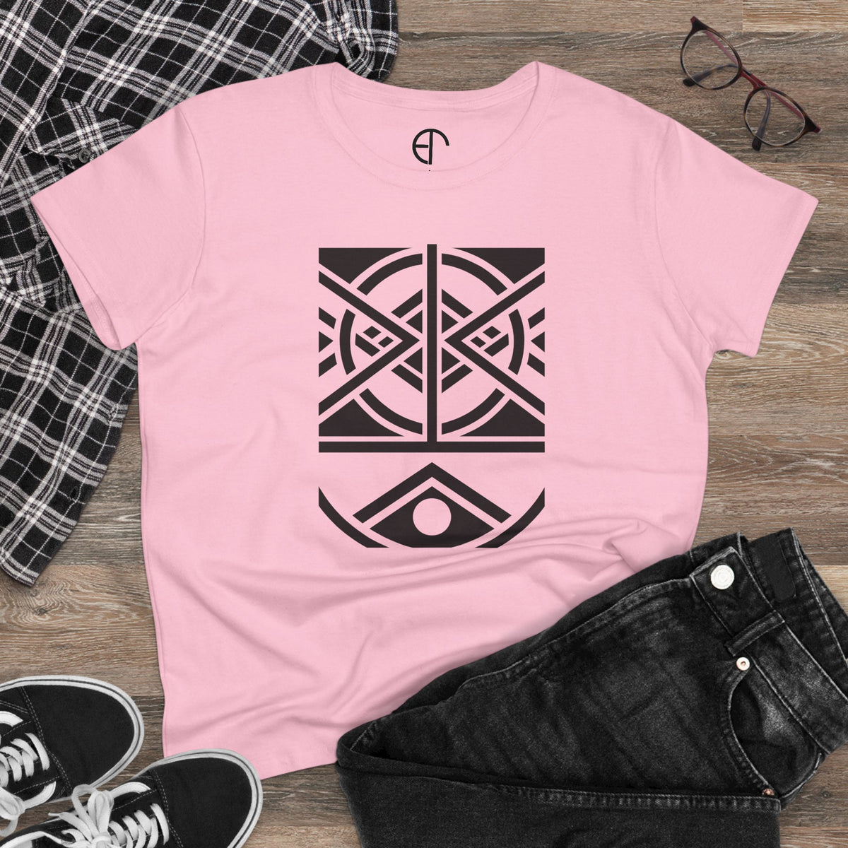 Women's Midweight Cotton T-Shirt - Black Print (Design 1) - NEW